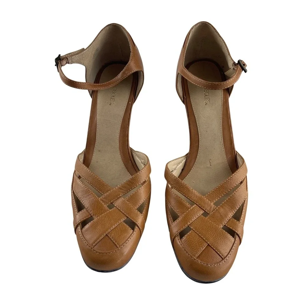 Aerosoles Rick Sand Brown Leather Woven Ankle Strap Kitten Heels Womens 9.5 M